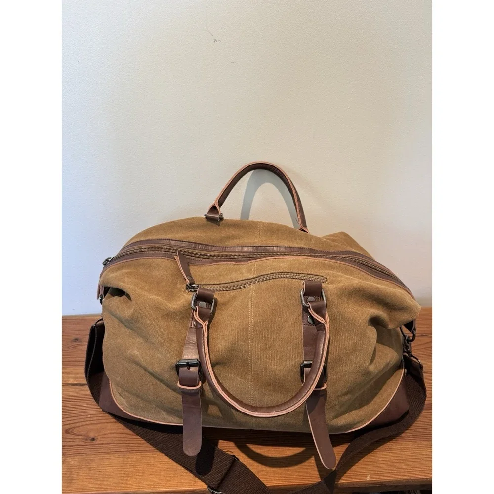 TUUCI Brown Canvas Leather Weekender Duffle Bag Travel Carry-On Overnight Large